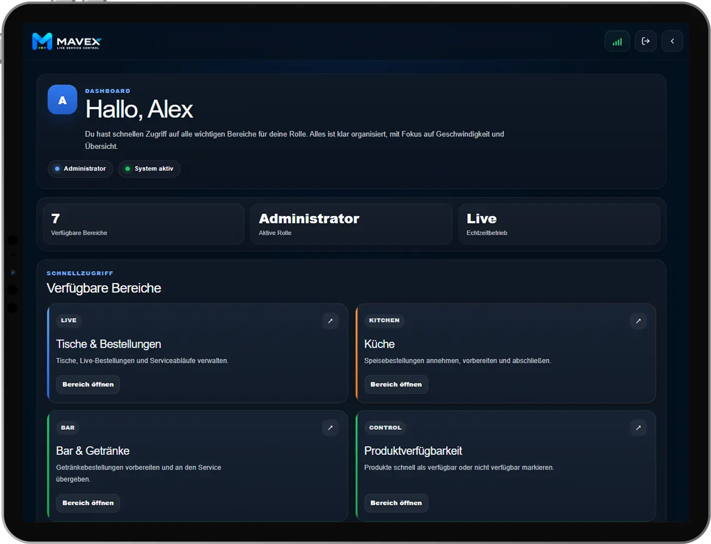 Mavex Dashboard für Restaurant Admin und Übersicht